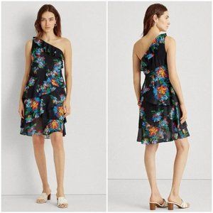 Lauren Ralph Lauren Floral Metallic Georgette One Shoulder Dress 10